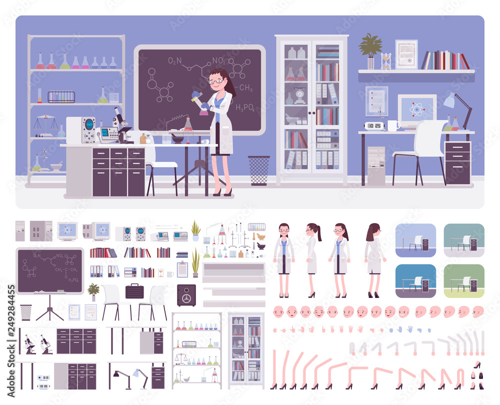 Female young scientist working in laboratory, office interior creation kit, workspace set to build your own design, wall, floor color constructor elements. Cartoon flat style infographic illustration