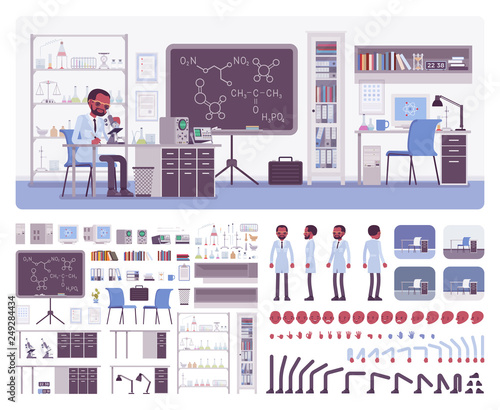 Male black scientist working in laboratory, office interior creation kit, workspace set to build your own design, wall and floor color constructor elements. Cartoon flat style infographic illustration