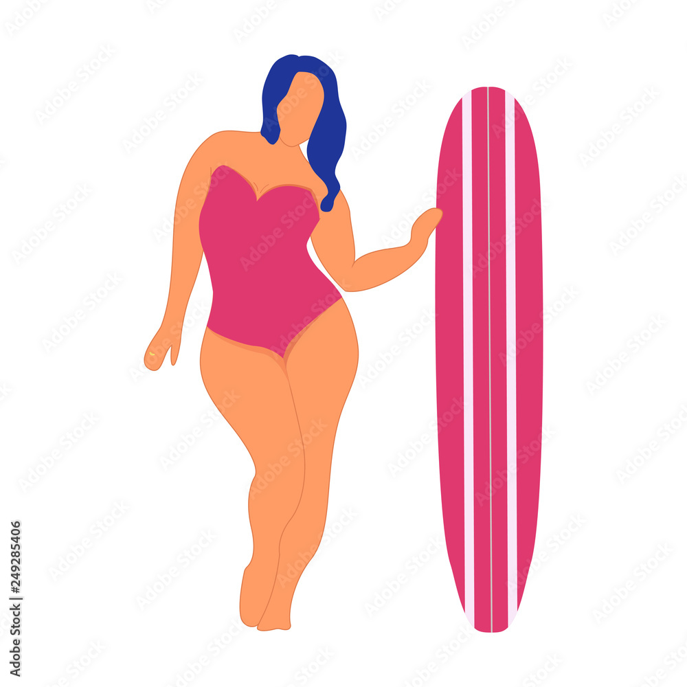 Girl with surfing board. Flat style illustration. Vector illustration Girl with surfing board. Flat style illustration. Vector illustration