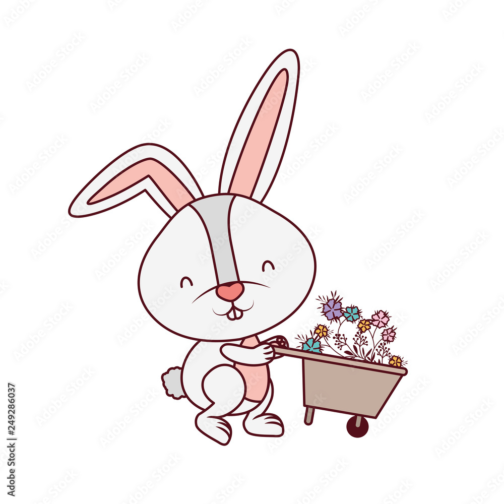 bunny with wheelbarrow and flowers isolated icon bunny with wheelbarrow and flowers isolated icon