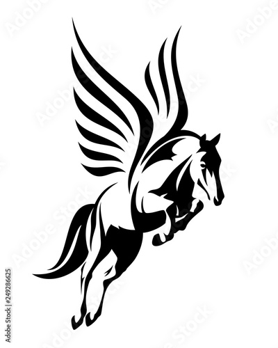 Fototapeta flying winged pegasus horse - black vector outline of greek mythology inspiratio