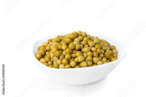 Canned green peas isolated on white background.