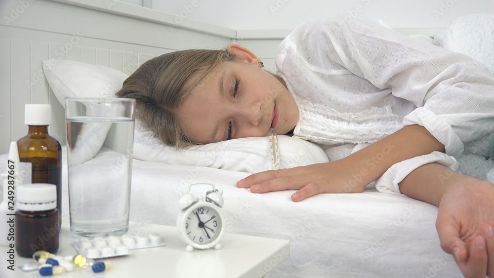 Sick Child in Bed, Ill Kid with Thermometer, Girl in Hospital, Pills Medicine Sick Child in Bed, Ill Kid with Thermometer, Girl in Hospital, Pills Medicine