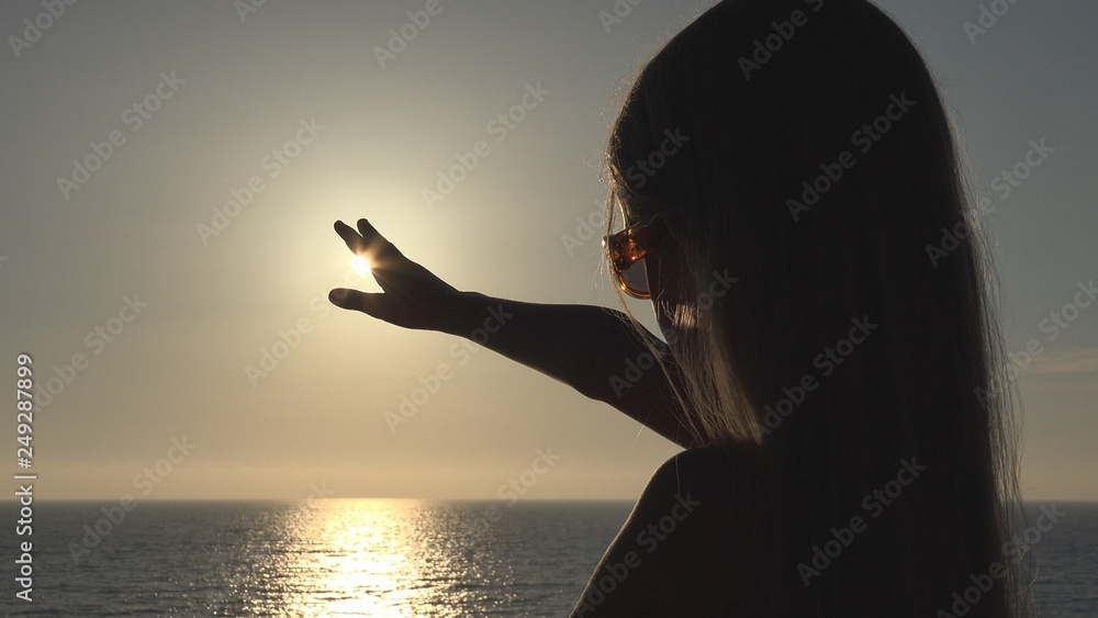 Child on Beach, Kid Silhouette Playing in Sunset, Girl Hand in Sun Rays, Beam
