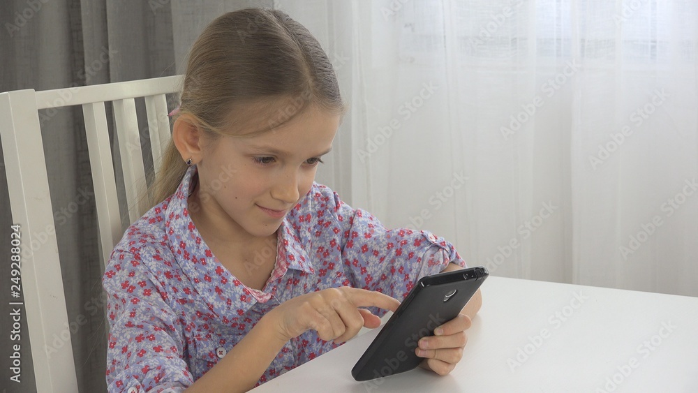 Child Playing Tablet, Kid uses Smartphone Interior View, Little Girl ...