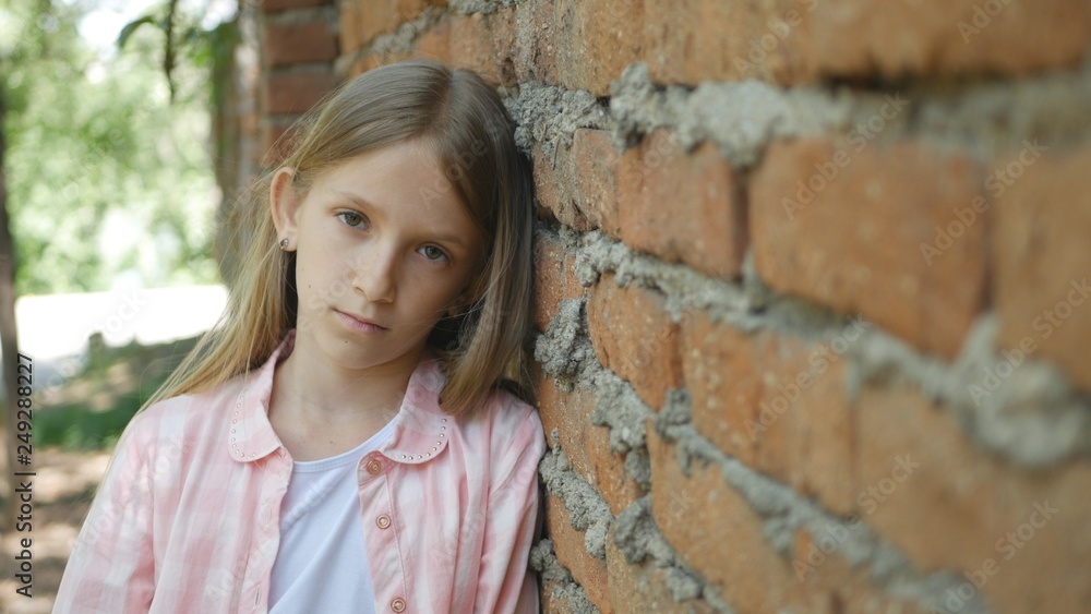 Sad Child Looking in Camera, Unhappy Girl Portrait, Depressed Bored Kid Face