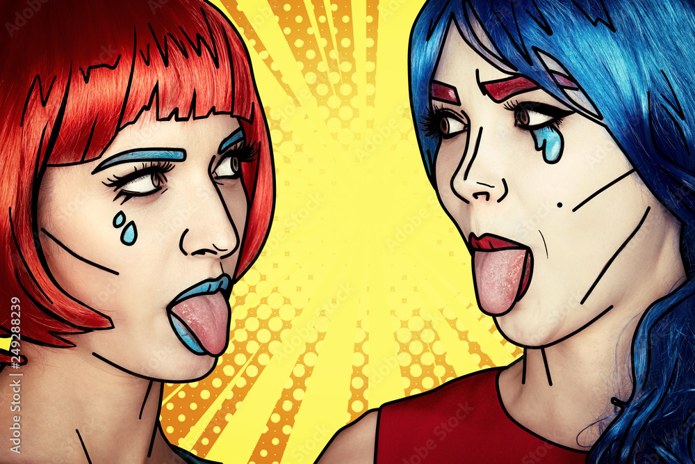 Females in red and blue wigs. Girls show each other tongues Females in red and blue wigs. Girls show each other tongues