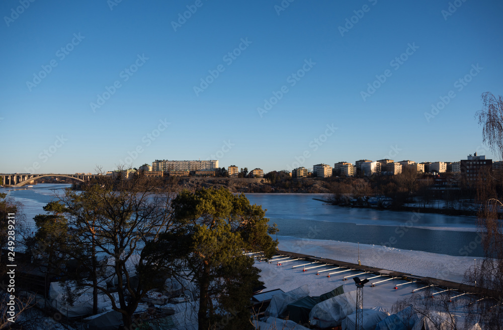Winter view at the lake Malaren in Stockholm, an early sunny spring day