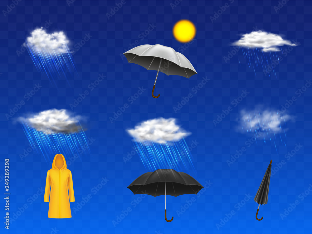 Stormy and rainy weather forecast 3d realistic vector icons set with sun disc, clouds with rainfall, folded and unfolded umbrellas and yellow raincoat illustration isolated on transparent background