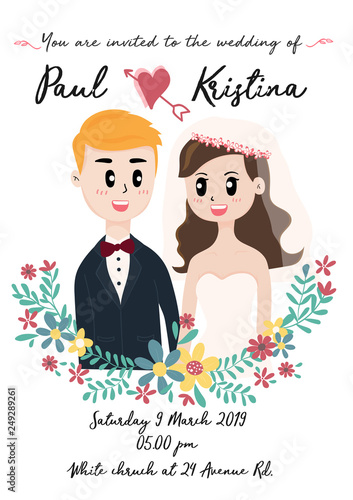 cute wedding card with couple in flower wreath