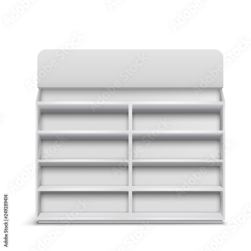 Supermarket showcase with empty shelves, rack with blank sign board 3d realistic vector isolated on white. Shop, grocery store inventory, product retail, merchandising and sale concept design element