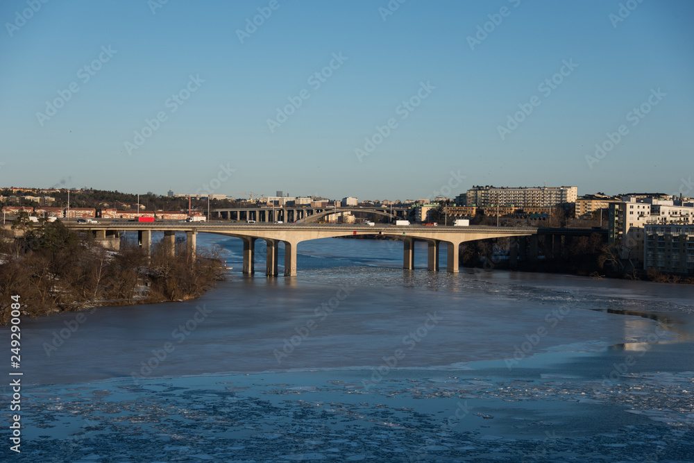 Winter view at the lake Malaren in Stockholm, an early sunny spring day