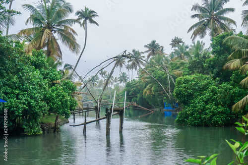 Traditional fishing and fishing nets in Kerala’s tropical river. India
