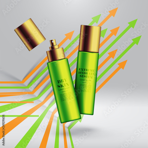 Realistic beauty products with colorful background, vector illustration