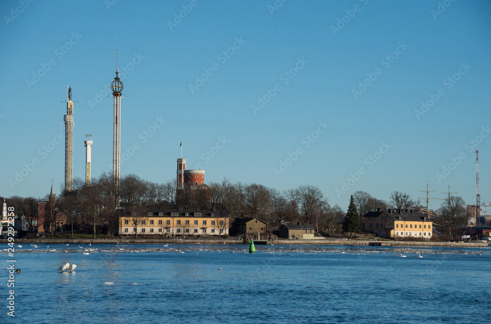 An early sunny spring day in Stockholm, birds and ice drifting on flow of meltwater