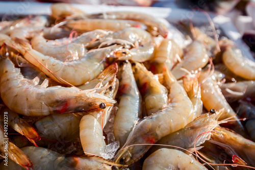 Fototapeta Naklejka Na Ścianę i Meble -  Fresh shrimp on Ice at outdoor fish flea market