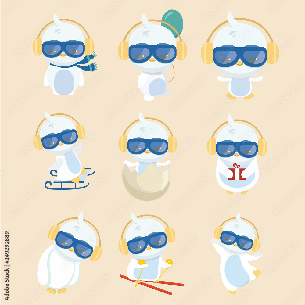 Collection of cartoon penguin on pastel background.. Collection of cartoon penguin on pastel background..