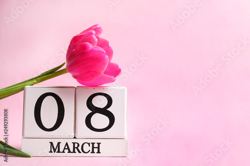 Beautiful pink tulips and calendar, March 8
