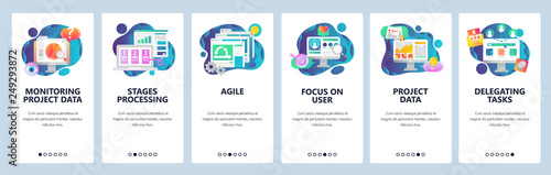 Web site onboarding screens. Business project development, monitoring and management. Agile and scrum process. Menu vector banner template for website and mobile app development. flat illustration.