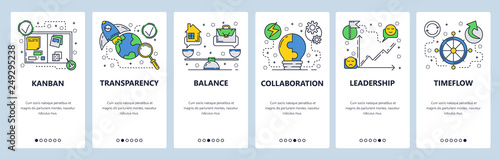 Web site onboarding screens. Business management, home work balance and collaboration. Menu vector banner template for website and mobile app development. Modern design flat illustration.