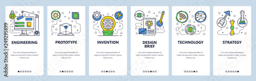 Web site onboarding screens. Engineering, construction and innovation technology. Menu vector banner template for website and mobile app development. Modern design flat illustration.