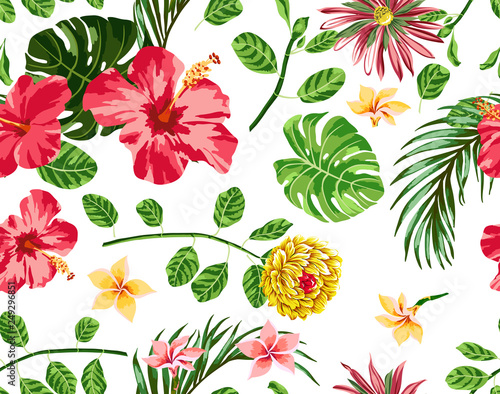 Tropical flowers pattern hibiscus with palm leaf  
