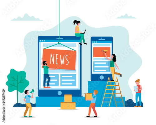 Creating News, internet news concept vector illustration in flat style. People working on website. Characters doing various tasks, teamwork.
