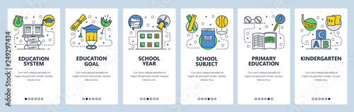 Web site onboarding screens. School education system, primary school and kindergarten. Menu vector banner template for website and mobile app development. Modern design flat illustration.