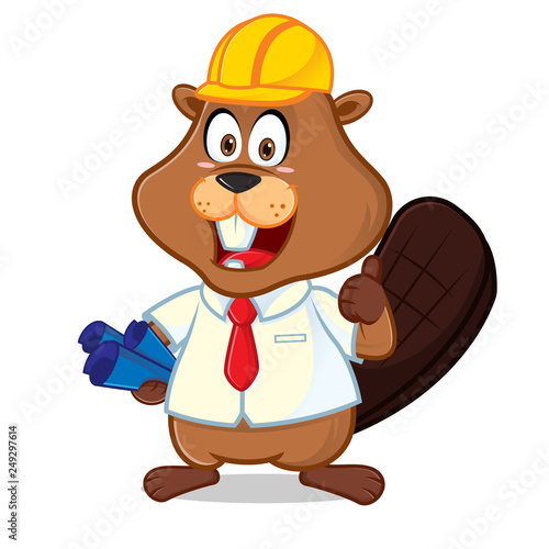 Beaver as engineer carrying blue print