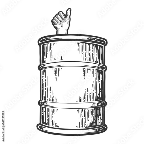 Fotografia Thumb up in oil barrel engraving vector illustration