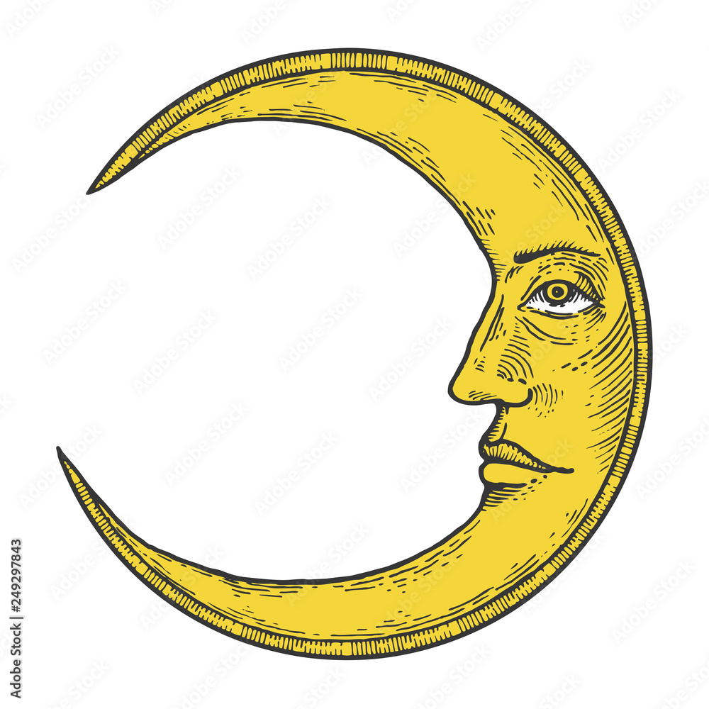 Moon with face color sketch engraving vector illustration. Scratch board style imitation. Hand