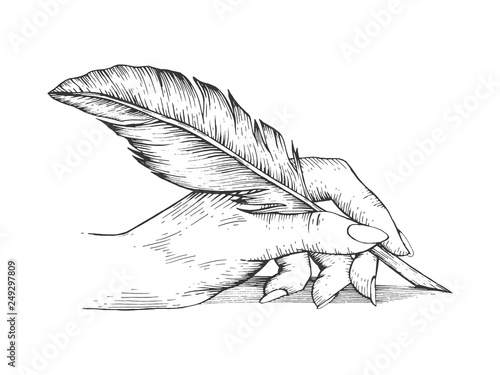 Hand writing with pen feather sketch engraving vector illustration. Scratch board style imitation. Hand drawn image.