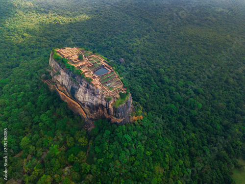 Aerial view of Sigiriya rock at misty morning, Sri Lanka. Drone footage