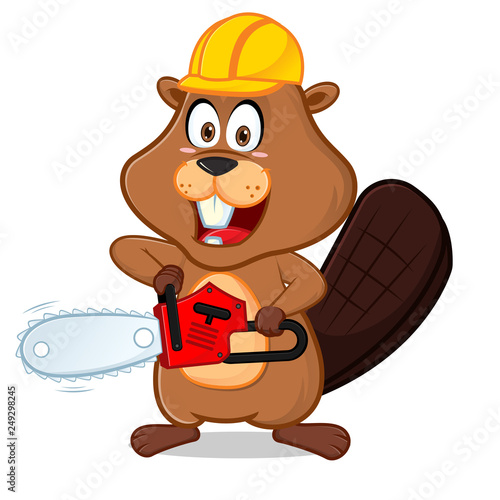 Beaver wearing helmet carrying chainsaw