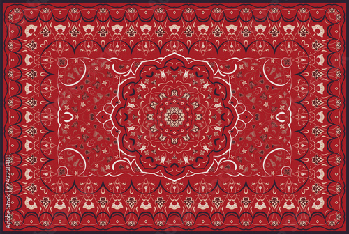 Vintage Arabic pattern. Persian colored carpet. Rich ornament for fabric design, handmade, interior decoration, textiles. Red background.
