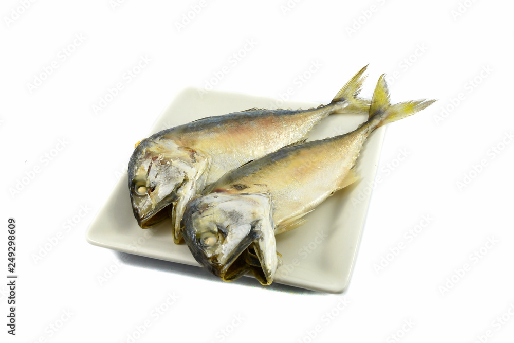 Steamed Mackerel fish on plate isolated on white background Steamed Mackerel fish on plate isolated on white background
