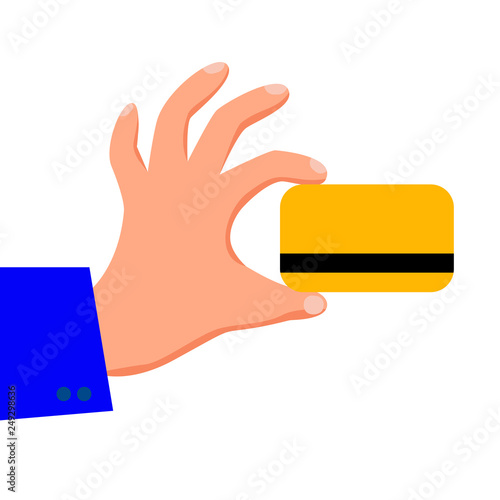 Flat vector illustration of a hand holding a credit or debit card