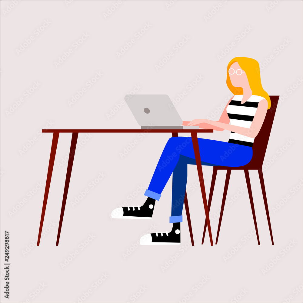 Fototapeta premium Illustration of a woman with a beard sitting at a table with a laptop