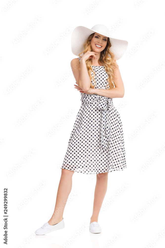 Smiling Young Woman In White Sun Hat And Summer Dress Smiling Young Woman In White Sun Hat And Summer Dress