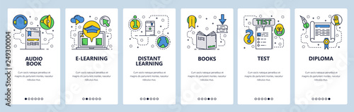 Web site onboarding screens. Online education and e-learning. Books, exams and diploma. Menu vector banner template for website and mobile app development. Modern design flat illustration.