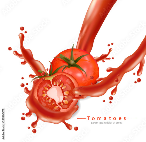 Tomatoe splash Vector realistic. Detailed 3d banner template for label, icon,...