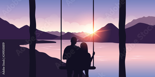 couple in love on a swing enjoys the view of the mountains on the river vector illustration EPS10