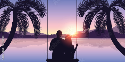 couple in love on a swing enjoys the sunset on the beach between two palm trees by the sea vector illustration EPS10