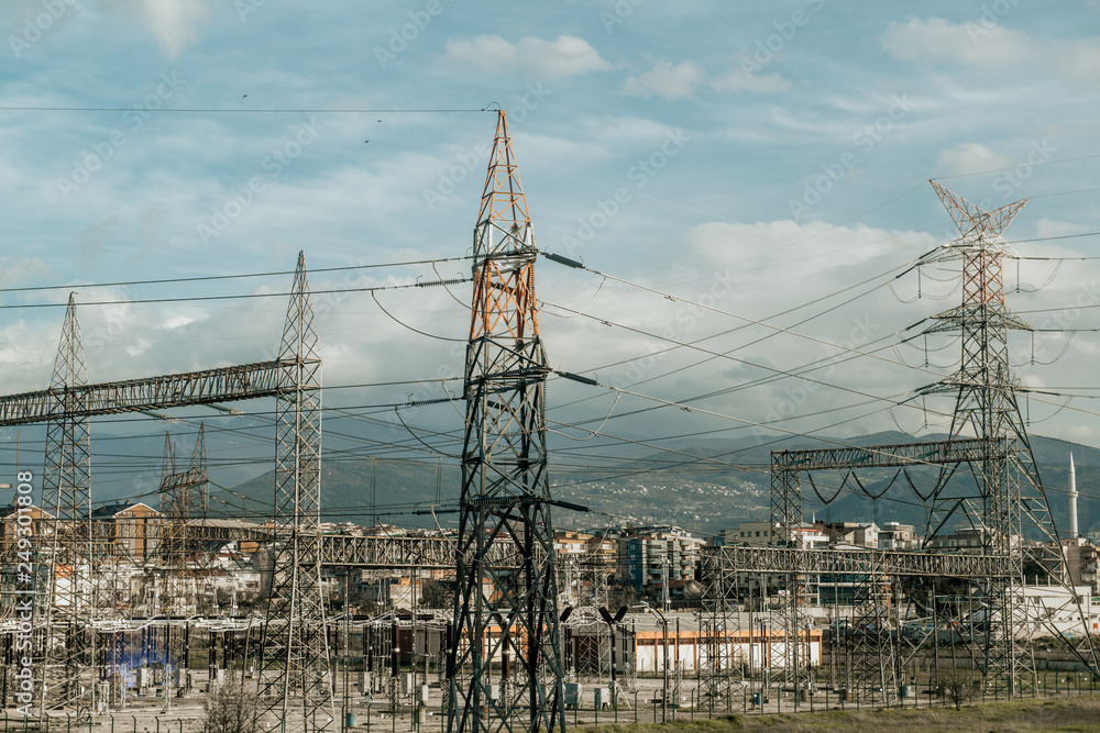 power transmission tower on background of blue sky power transmission tower on background of blue sky