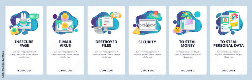 Web site onboarding screens. Cyber security and hacker attack. Email virus and stealing of personal data. Menu vector banner template for website and mobile app development. design flat illustration. - obrazy, fototapety, plakaty 