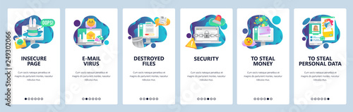 Web site onboarding screens. Cyber security and hacker attack. Email virus and stealing of personal data. Menu vector banner template for website and mobile app development. design flat illustration.