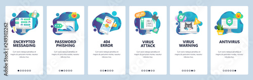 Web site onboarding screens. Cyber security, virus attack and phishing. Antivirus and encrypted messaging. Menu vector banner template for website and mobile app development. design flat illustration.