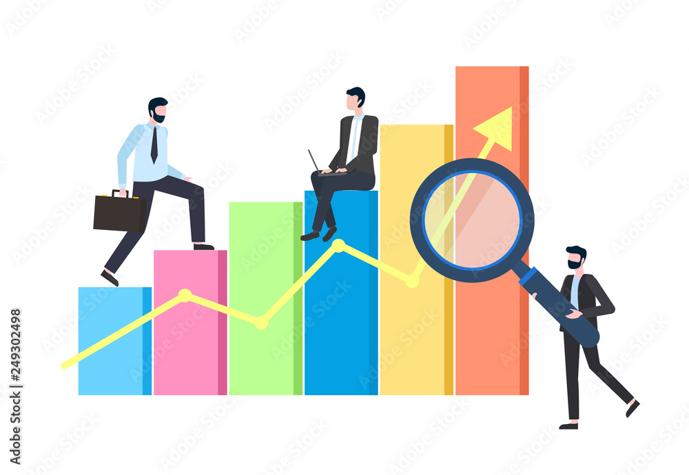 Business statistics, chart or graphic, businessmen vector. Entrepreneurs in office suits with laptop or briefcase, big magnifier, economic growth Business statistics, chart or graphic, businessmen vector. Entrepreneurs in office suits with laptop or briefcase, big magnifier, economic growth