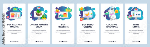 Web site onboarding screens. Online shopping. Clothes, food, wine and flower internet store. Menu vector banner template for website and mobile app development. Modern design flat illustration.