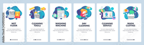 Web site onboarding screens. Cleaning, floor, washing clothes and dry laundry. Menu vector banner template for website and mobile app development. Modern design flat illustration.